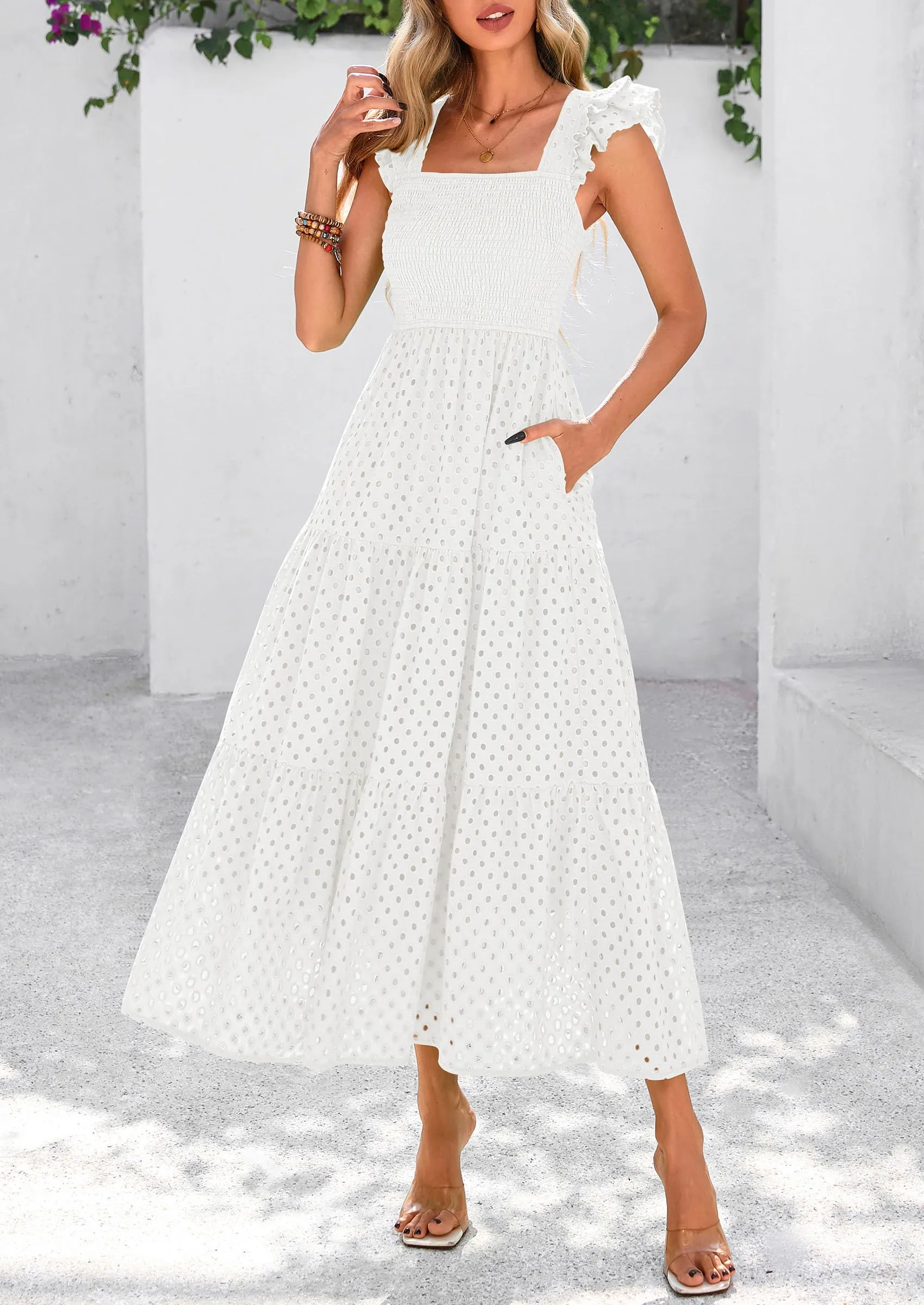 Square Neck Cap Sleeve Eyelet Smocked Tiered A Line Maxi Dresses with Pockets