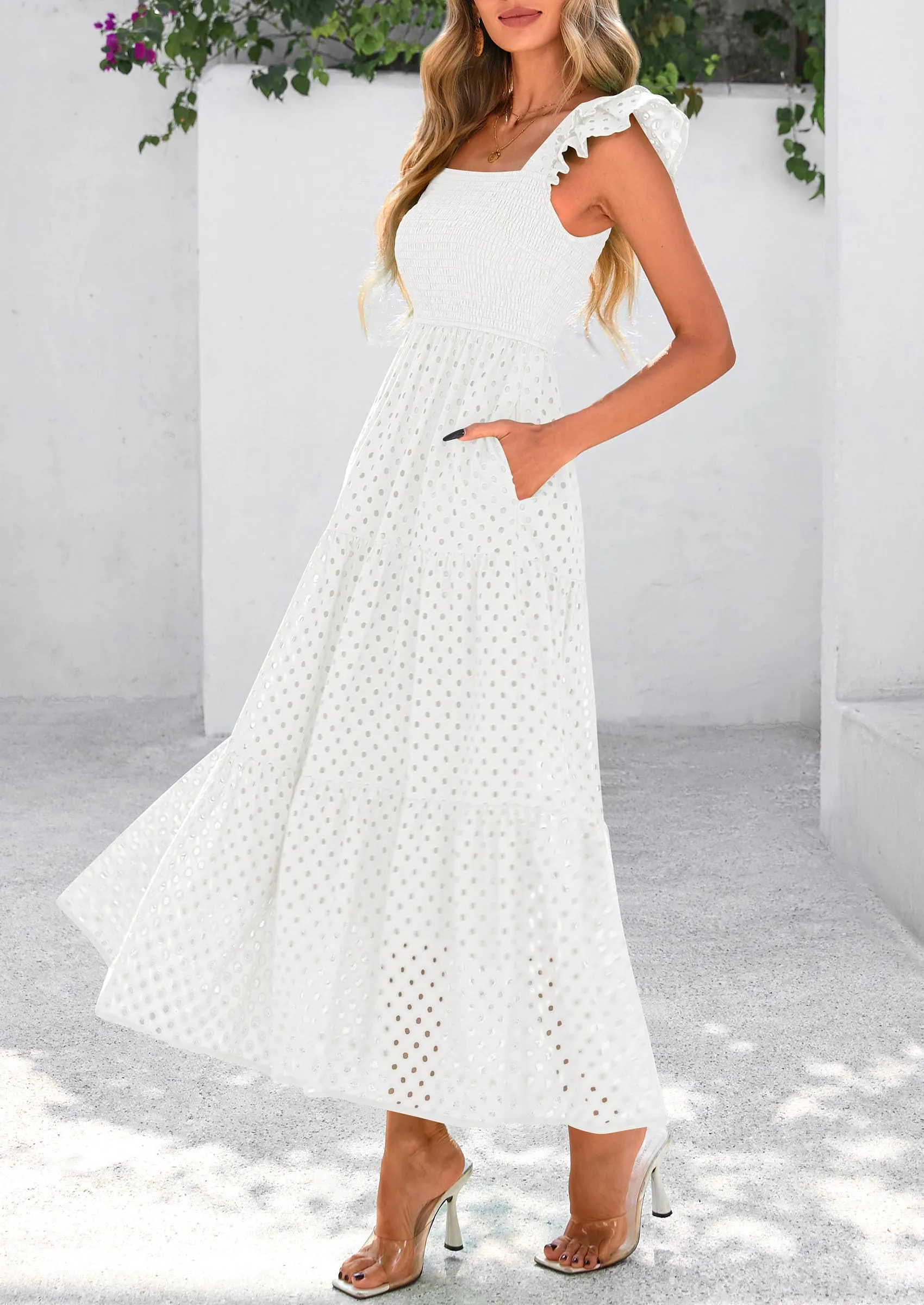 Square Neck Cap Sleeve Eyelet Smocked Tiered A Line Maxi Dresses with Pockets