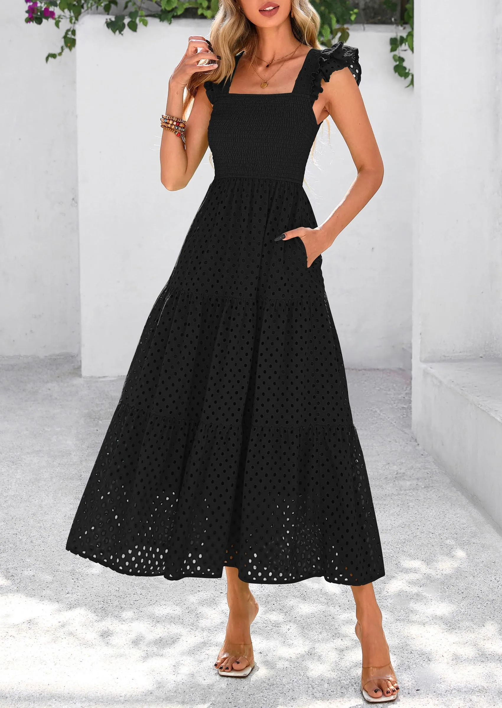 Square Neck Cap Sleeve Eyelet Smocked Tiered A Line Maxi Dresses with Pockets