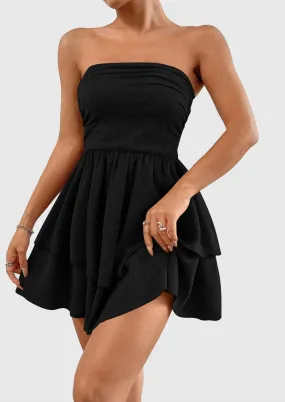 Strapless Tube  Off Shoulder Smocked Ruffle A Line Mini Dress