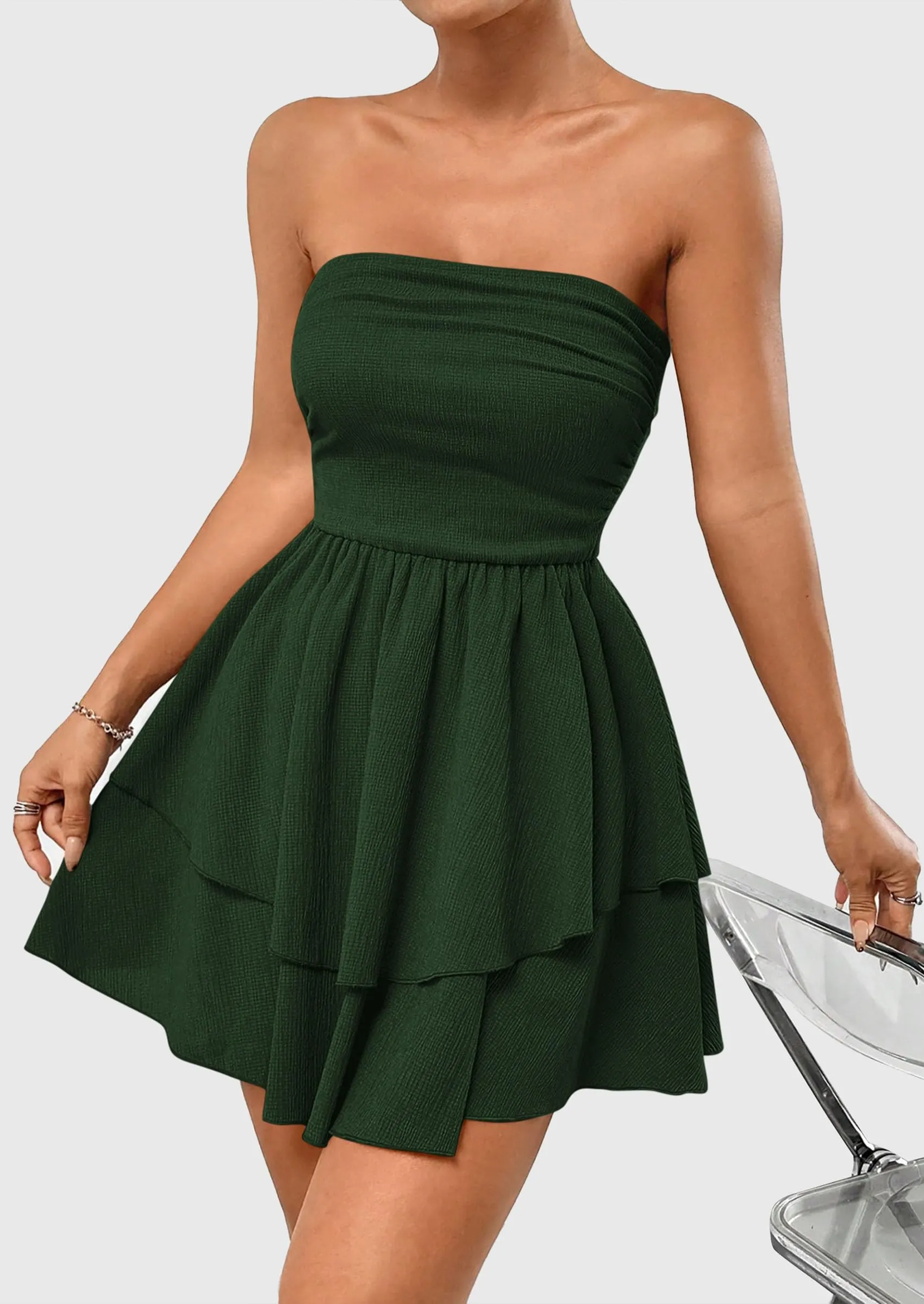 Strapless Tube  Off Shoulder Smocked Ruffle A Line Mini Dress