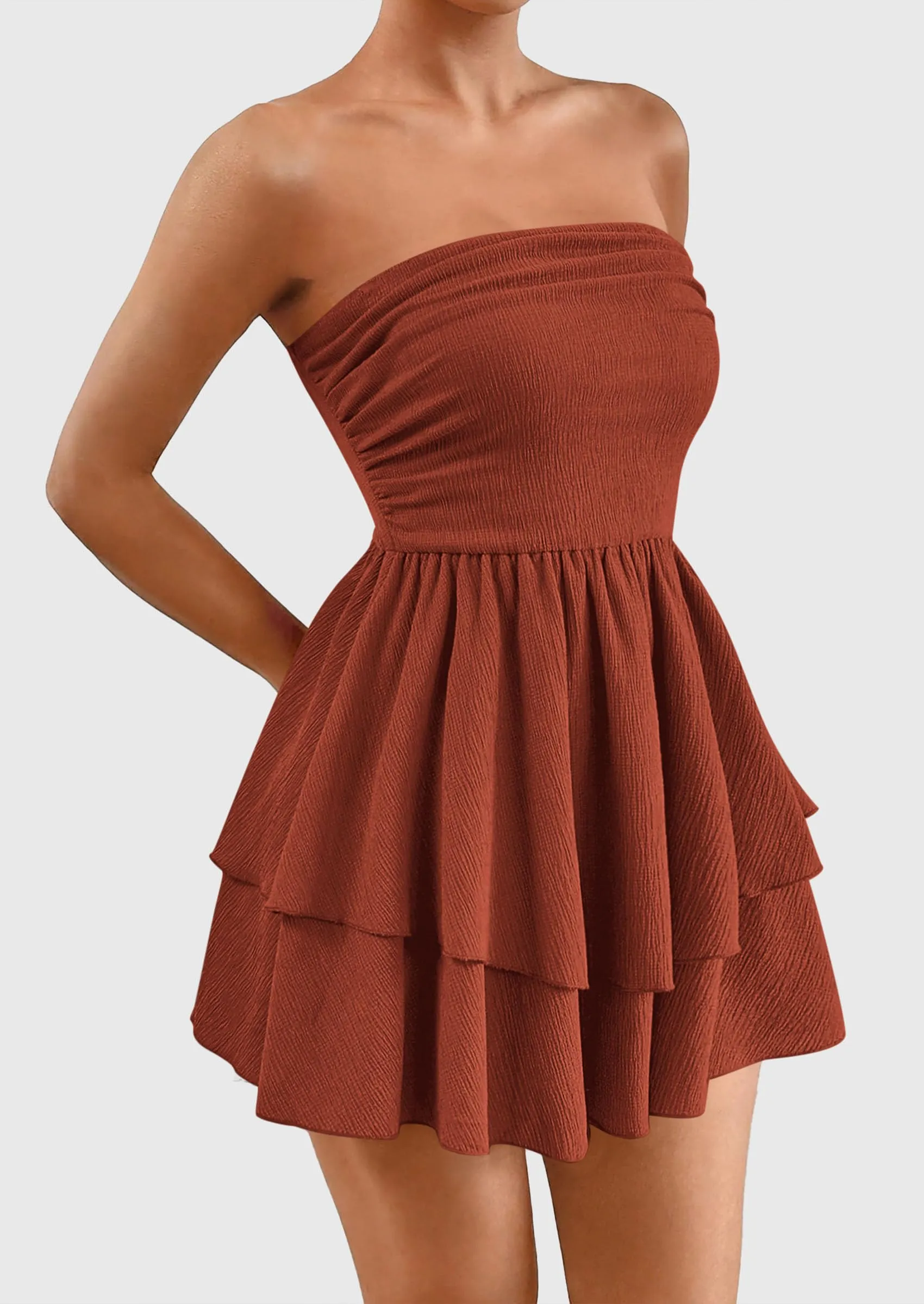 Strapless Tube  Off Shoulder Smocked Ruffle A Line Mini Dress