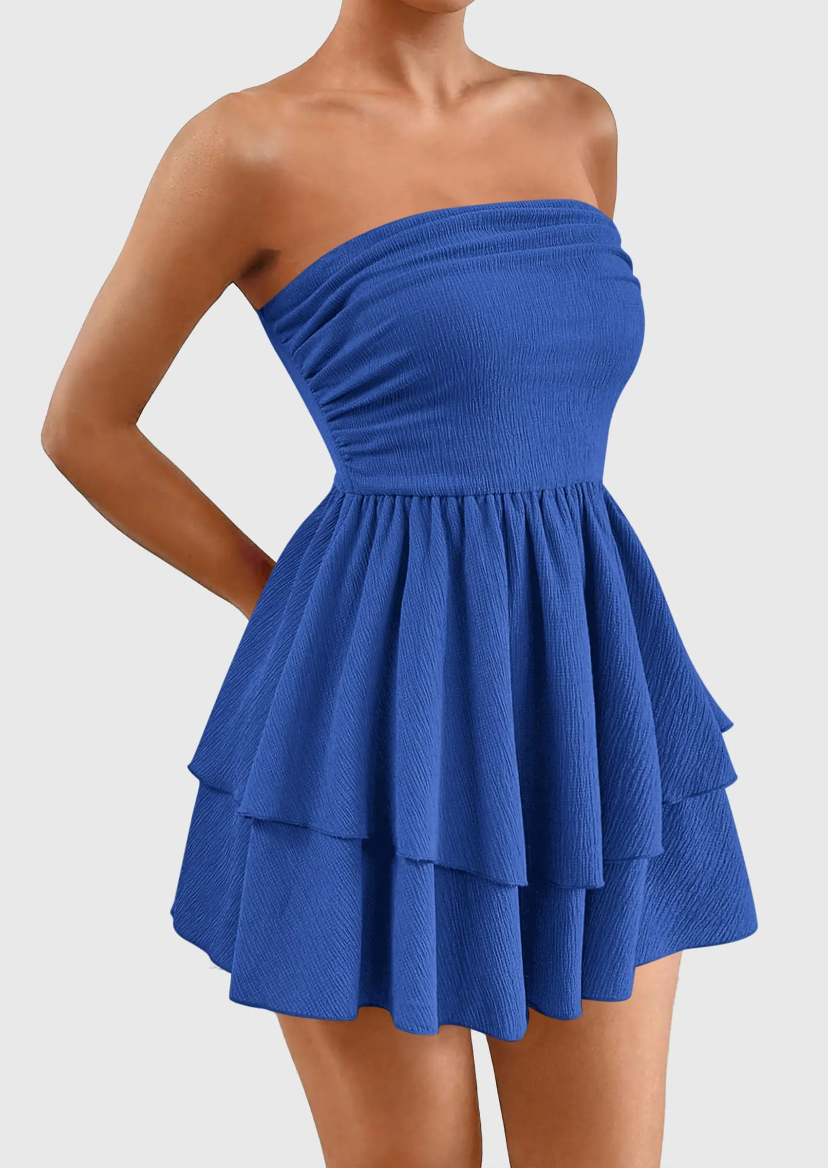 Strapless Tube  Off Shoulder Smocked Ruffle A Line Mini Dress