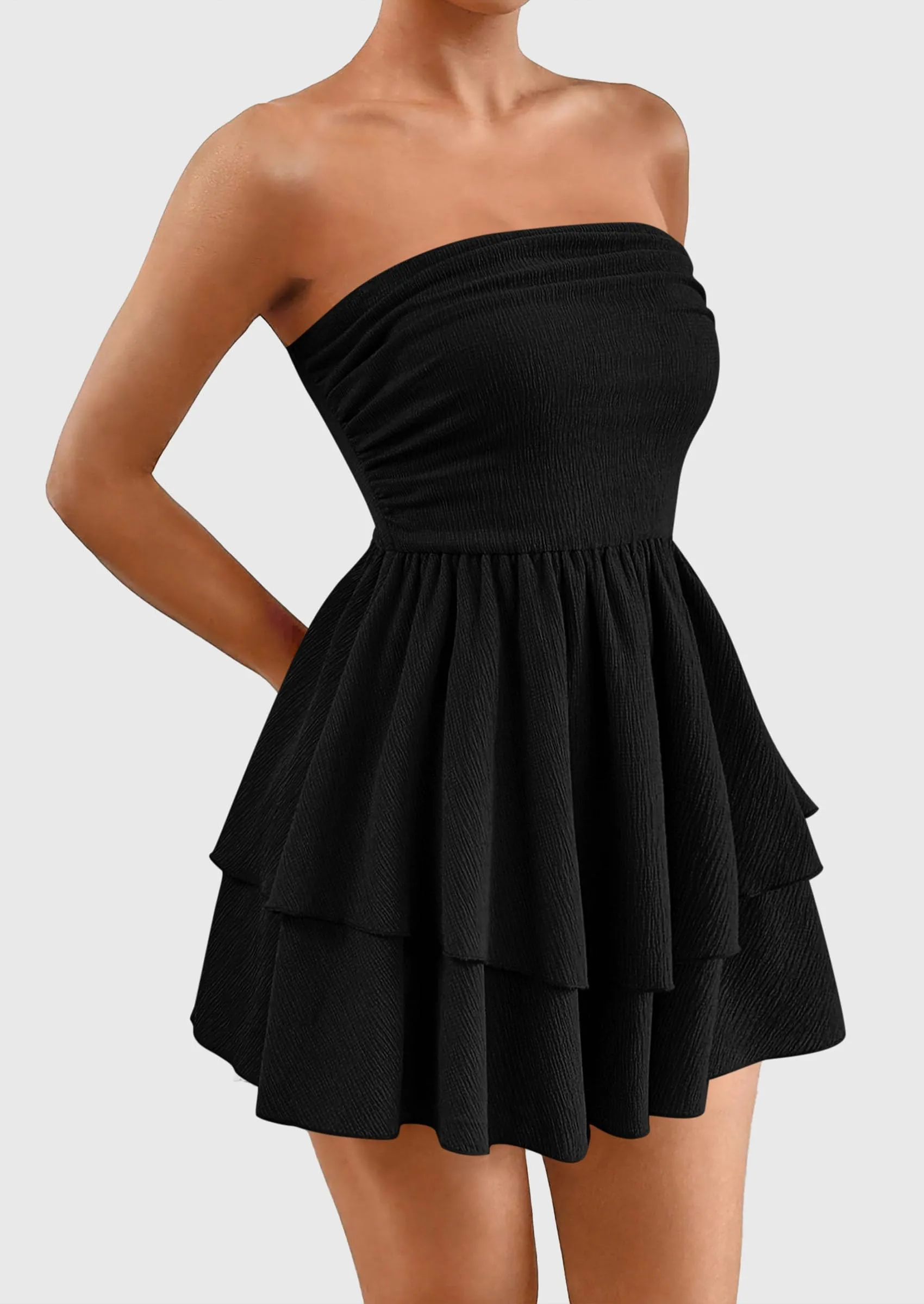 Strapless Tube  Off Shoulder Smocked Ruffle A Line Mini Dress