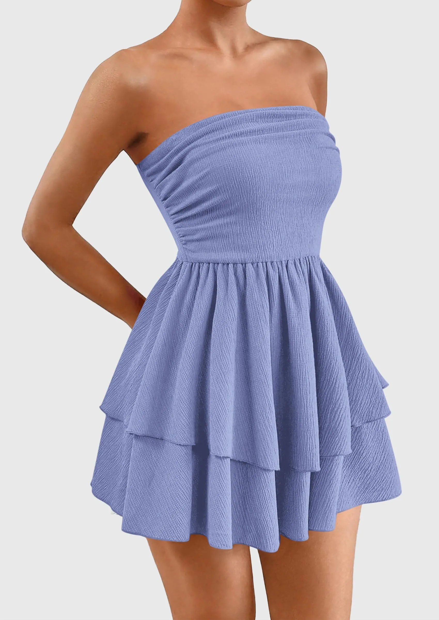 Strapless Tube  Off Shoulder Smocked Ruffle A Line Mini Dress