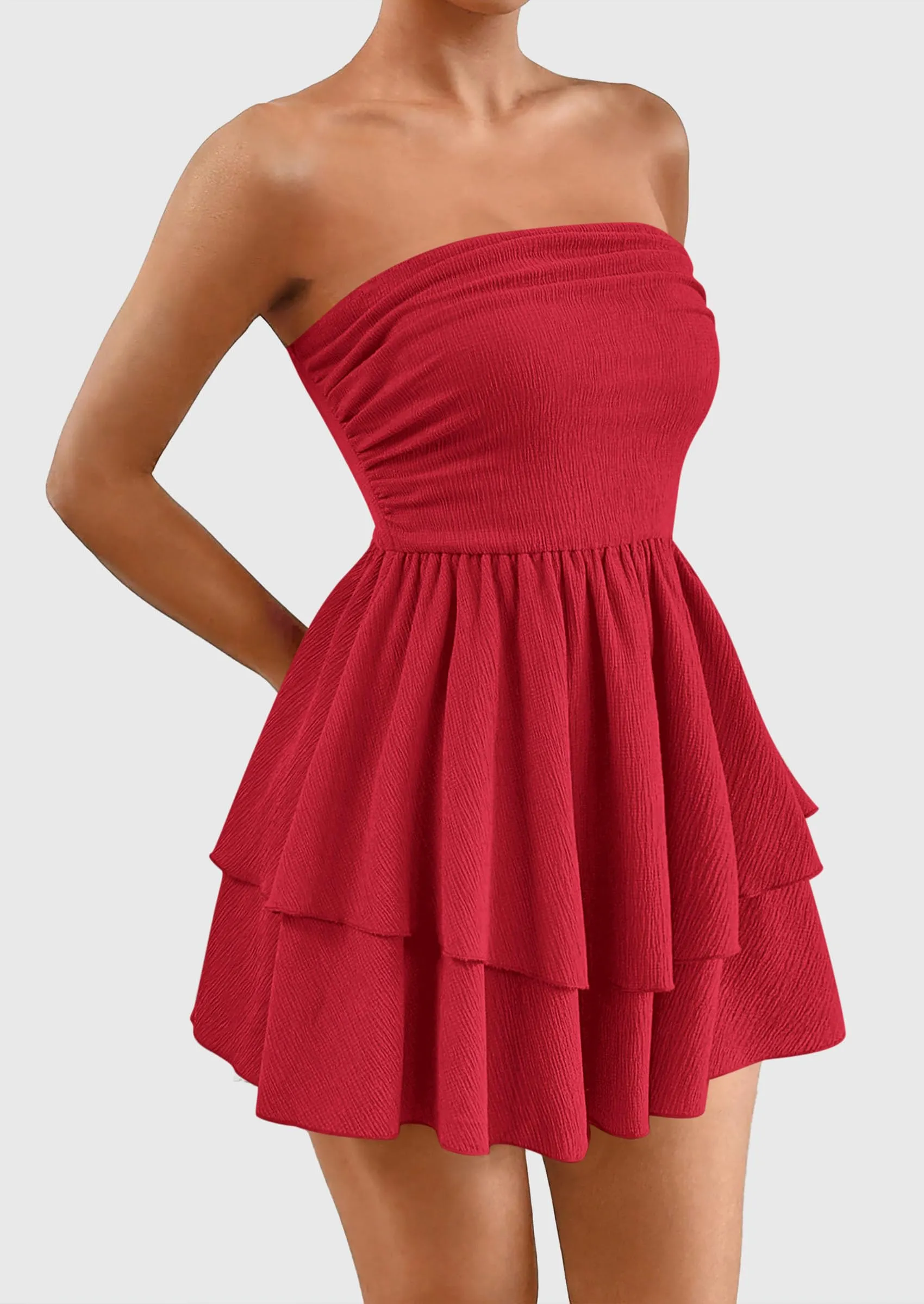 Strapless Tube  Off Shoulder Smocked Ruffle A Line Mini Dress
