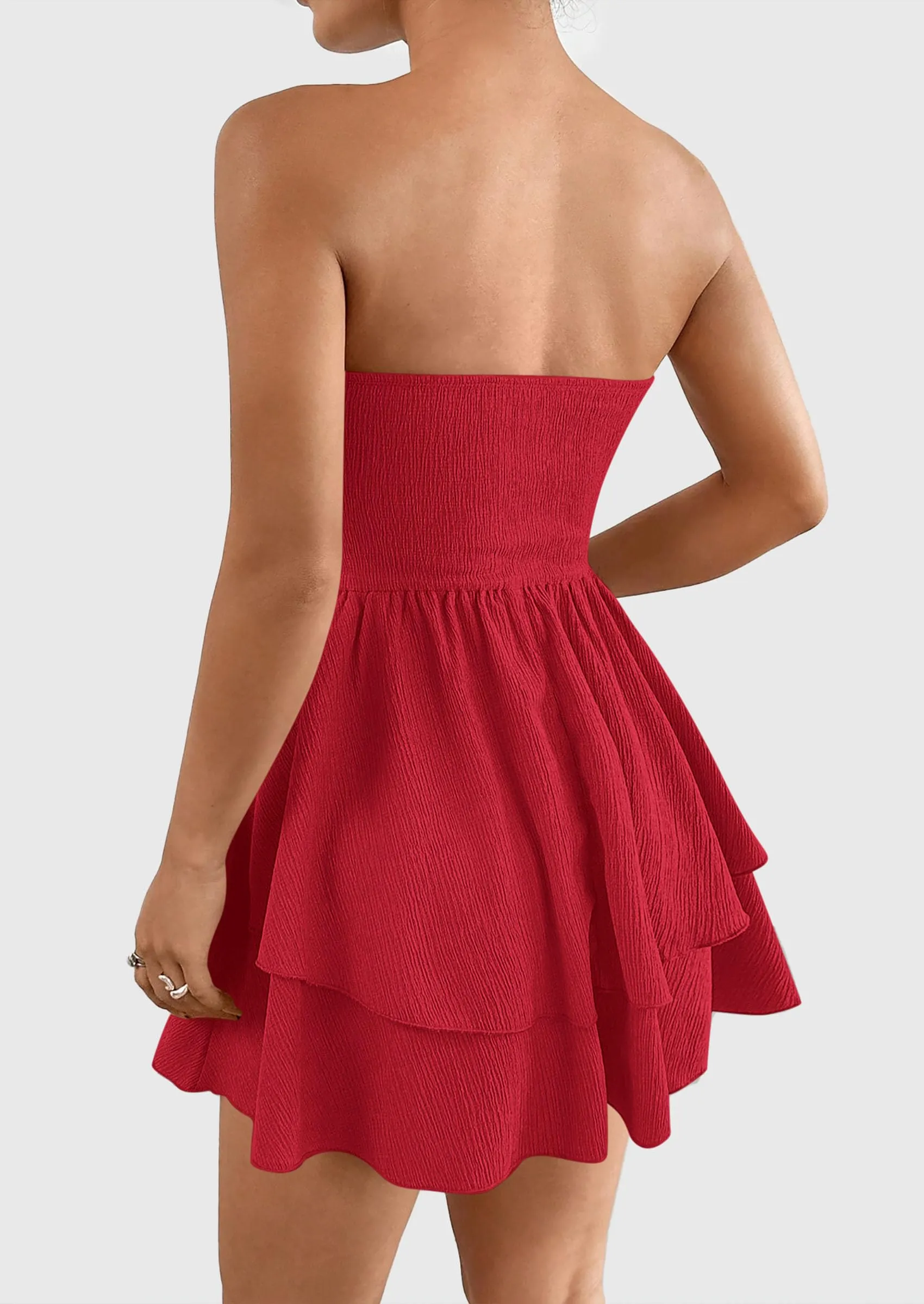 Strapless Tube  Off Shoulder Smocked Ruffle A Line Mini Dress