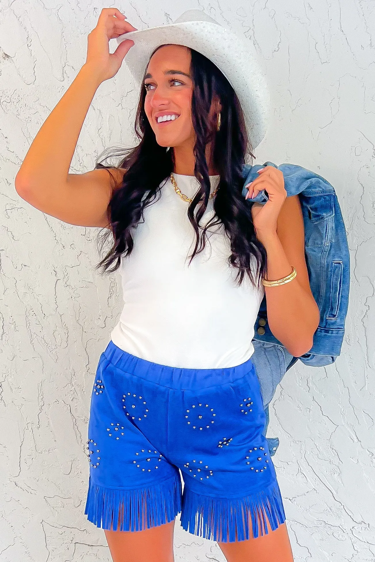 Studded Out Royal Blue Embellished Suede Fringe Shorts