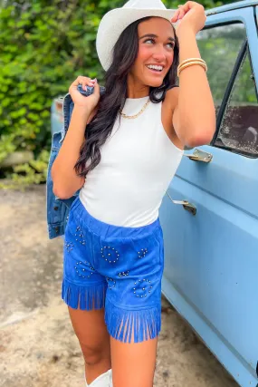 Studded Out Royal Blue Embellished Suede Fringe Shorts