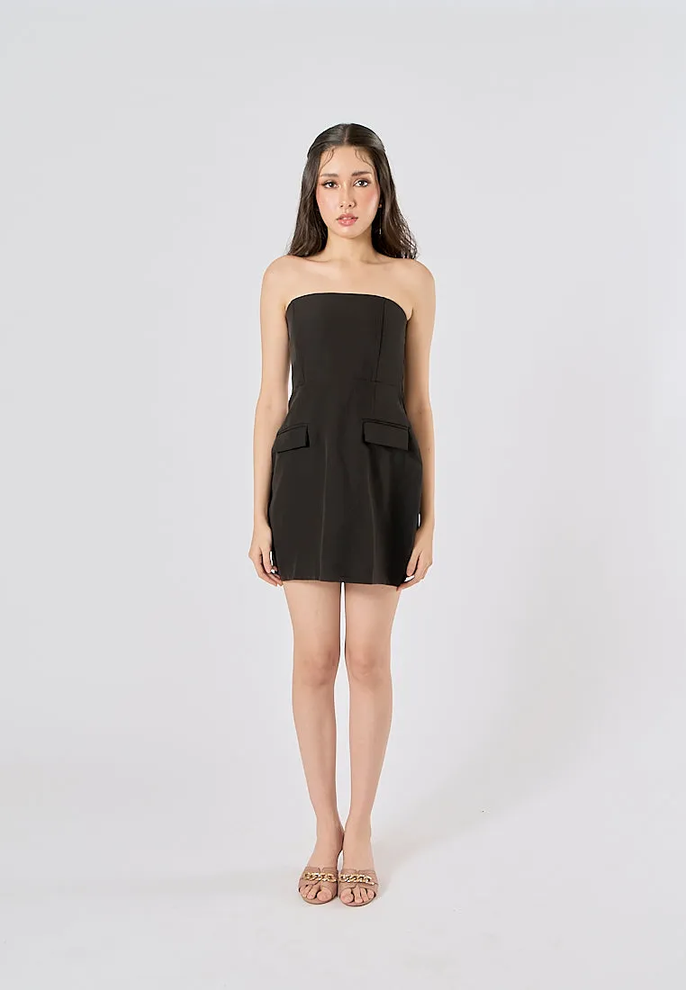 Suvi Black Vintage Straight Neck Backless Mini Dress