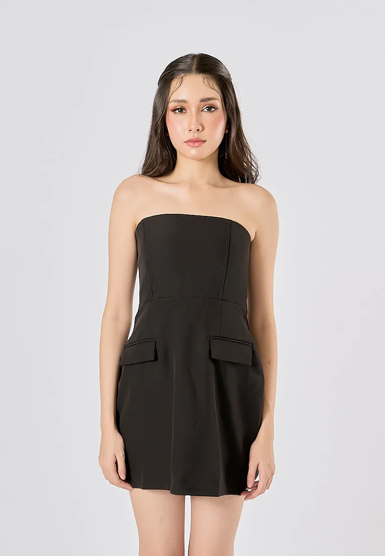Suvi Black Vintage Straight Neck Backless Mini Dress