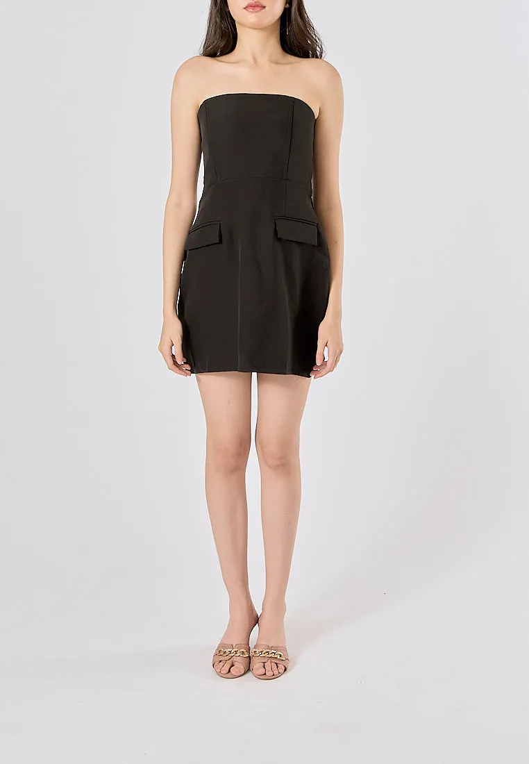 Suvi Black Vintage Straight Neck Backless Mini Dress