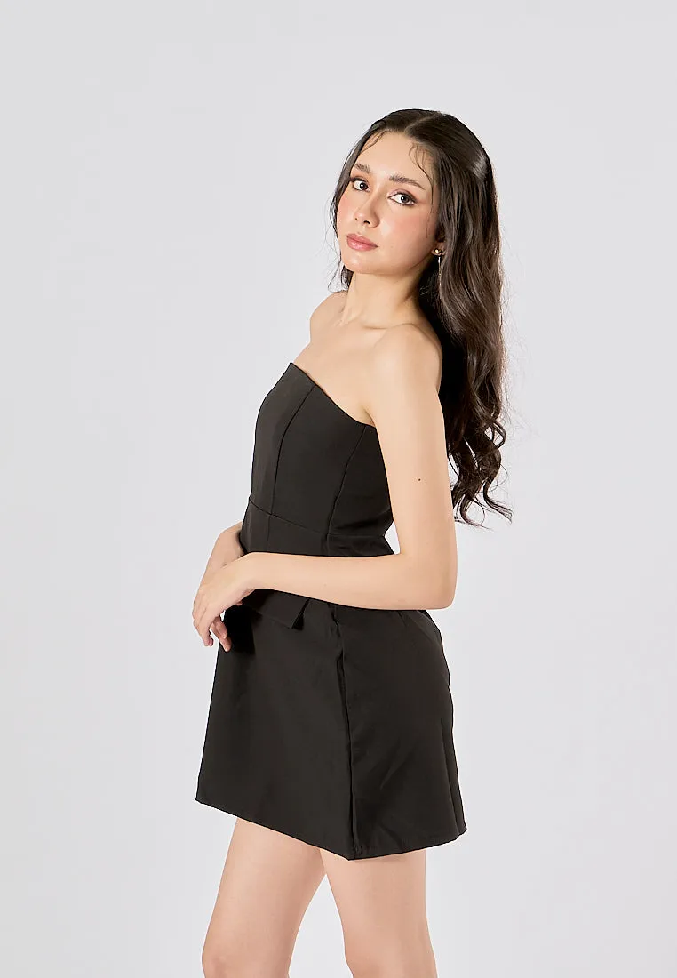Suvi Black Vintage Straight Neck Backless Mini Dress