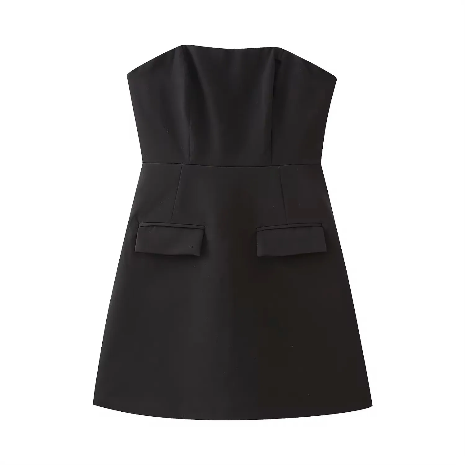 Suvi Black Vintage Straight Neck Backless Mini Dress