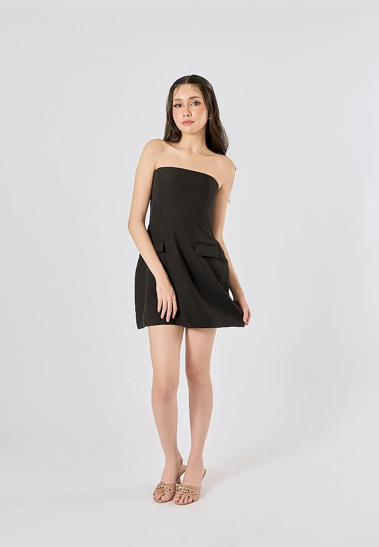 Suvi Black Vintage Straight Neck Backless Mini Dress