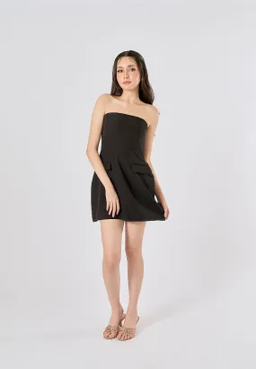 Suvi Black Vintage Straight Neck Backless Mini Dress