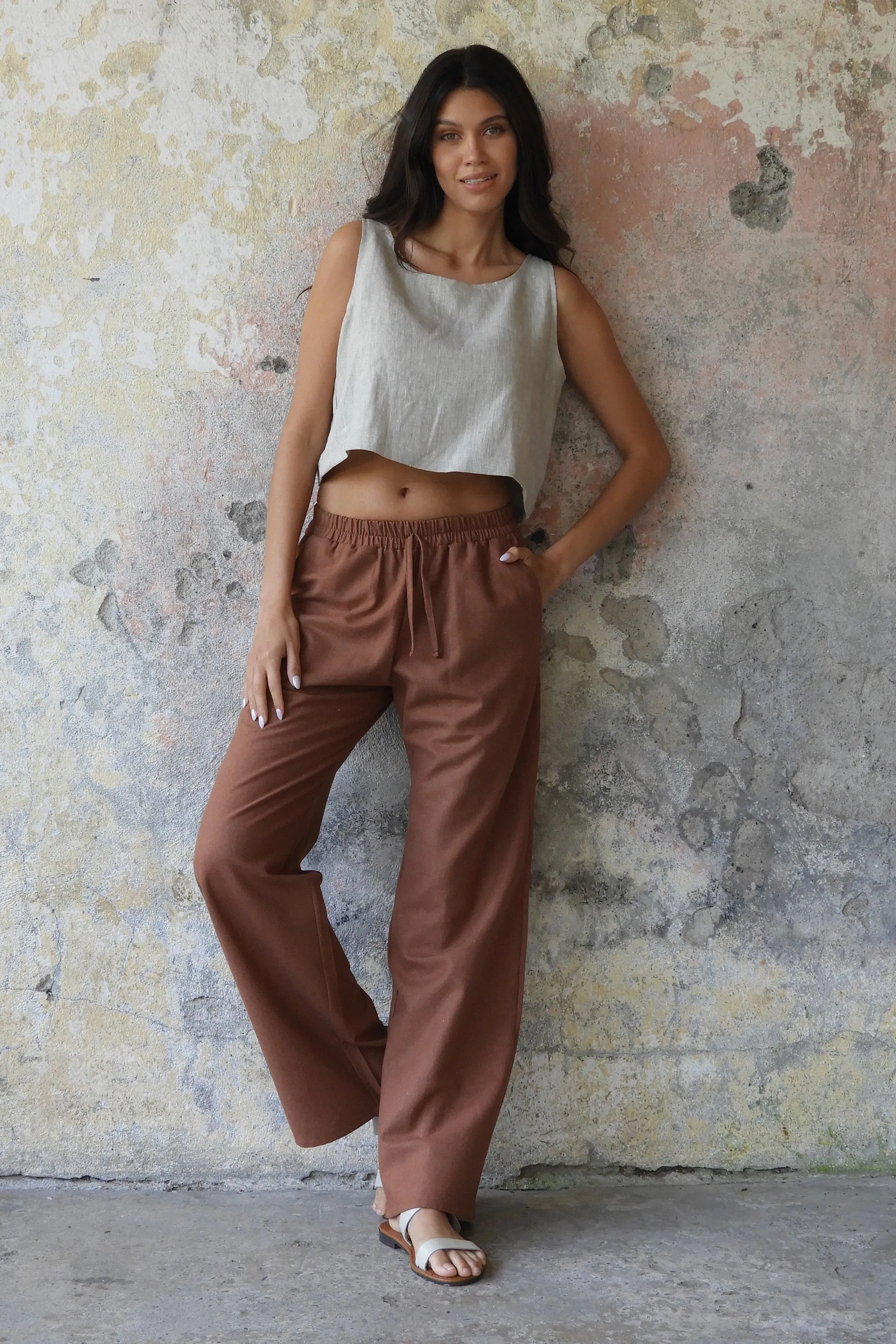 TRINITY Linen Blend Women's Pants (Burnt Orange, Brown)