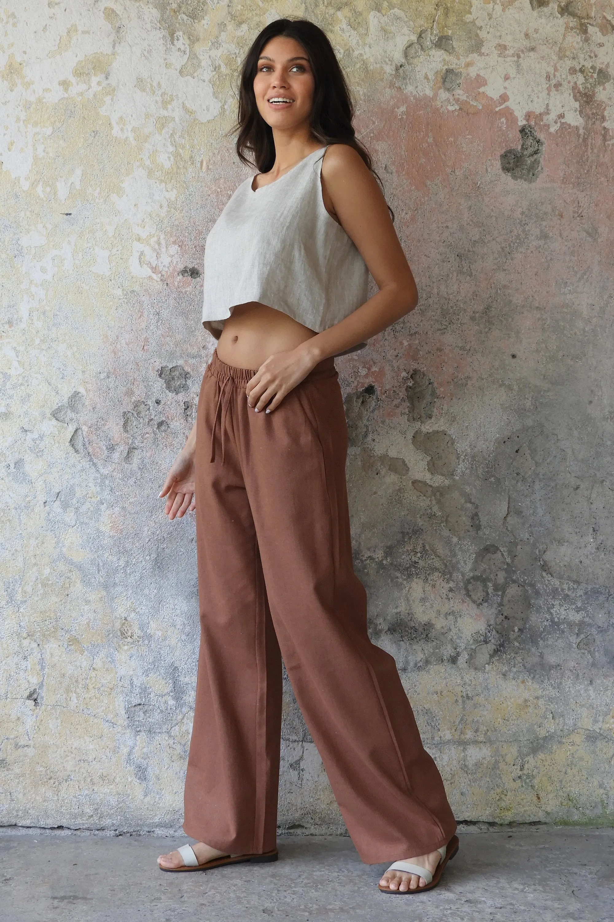 TRINITY Linen Blend Women's Pants (Burnt Orange, Brown)