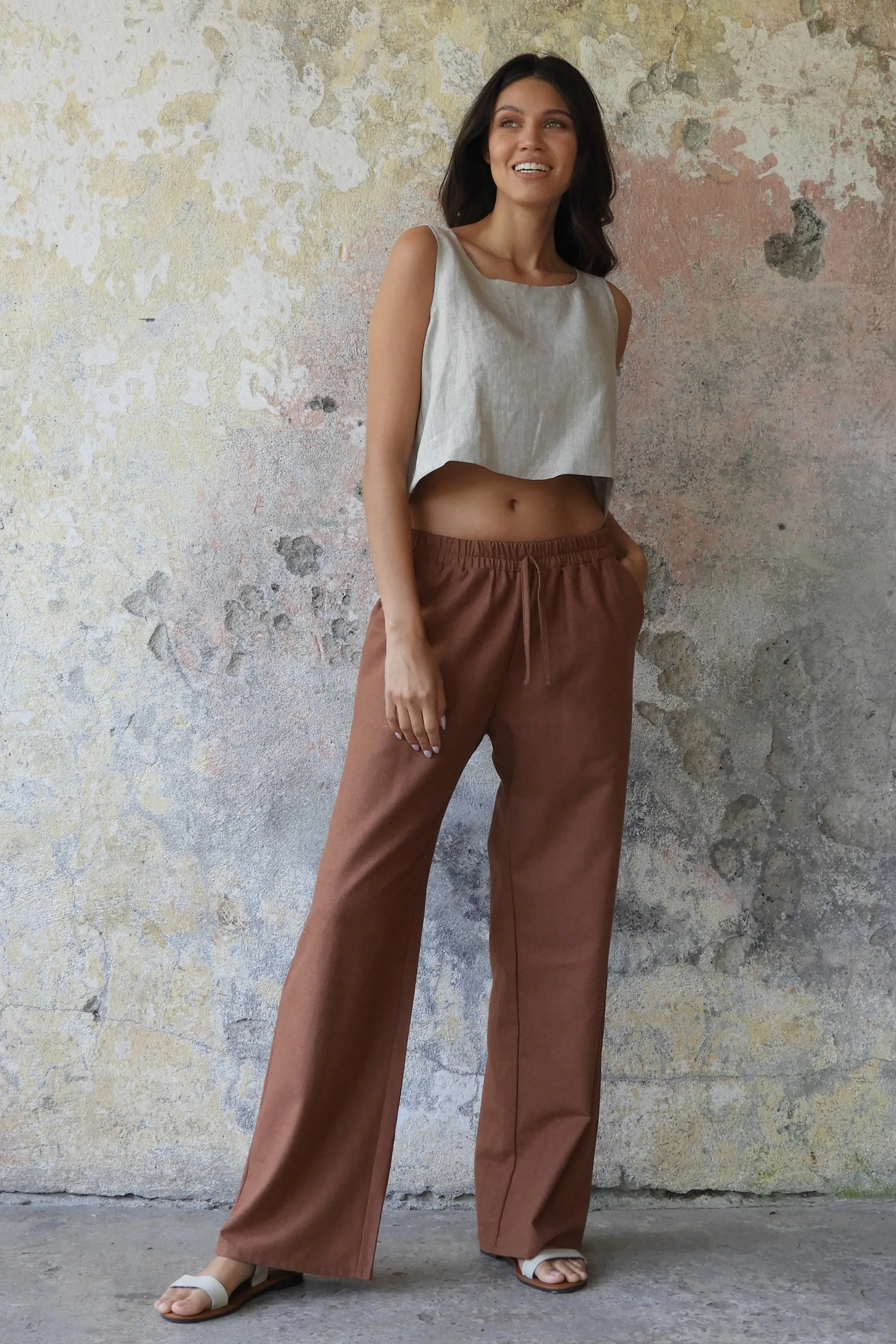 TRINITY Linen Blend Women's Pants (Burnt Orange, Brown)