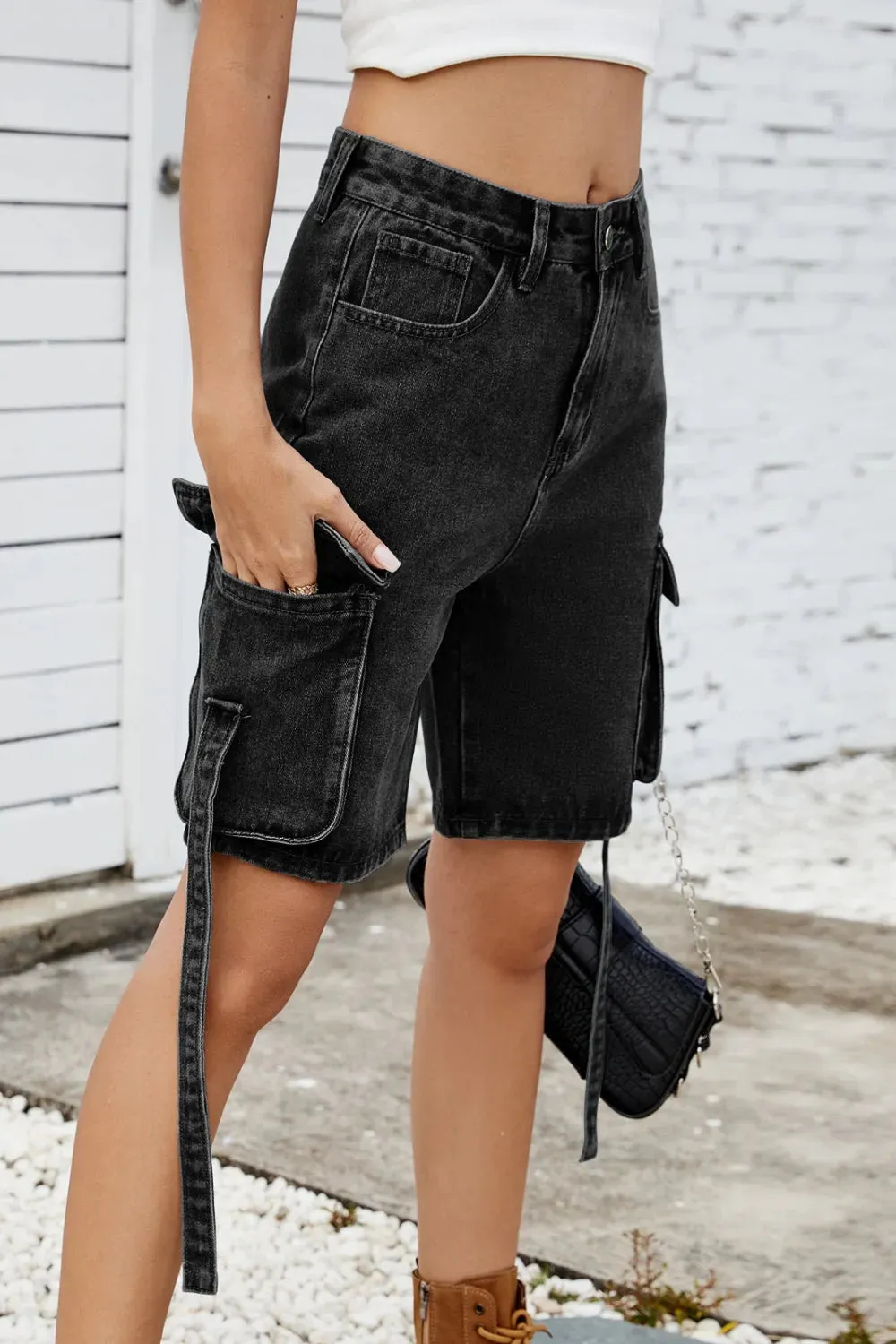 Washed Cargo Denim Shorts