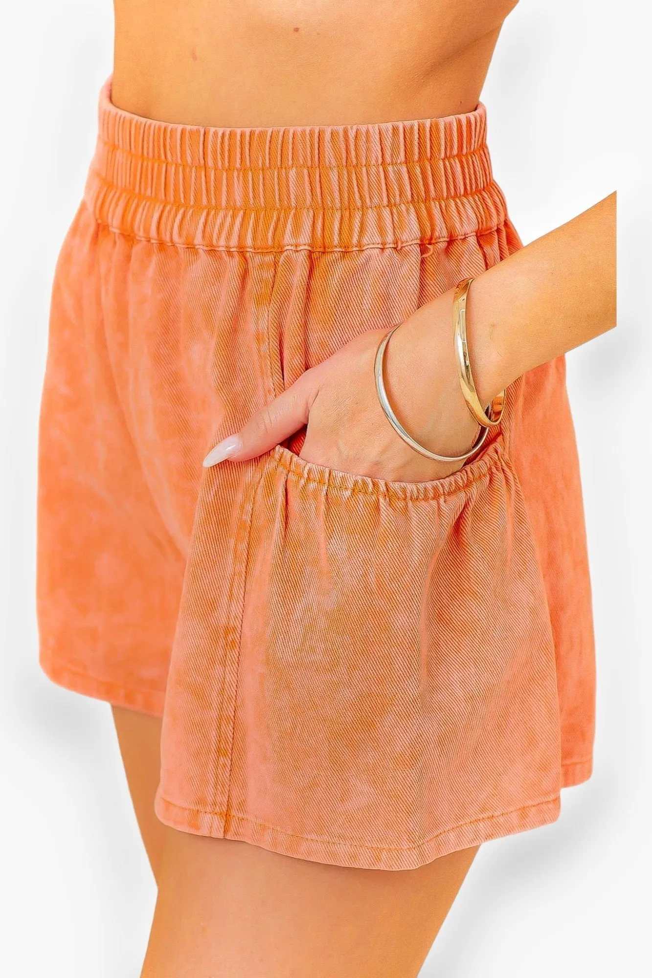 Washed Tangerine Elastic Waist Flounce Denim Shorts