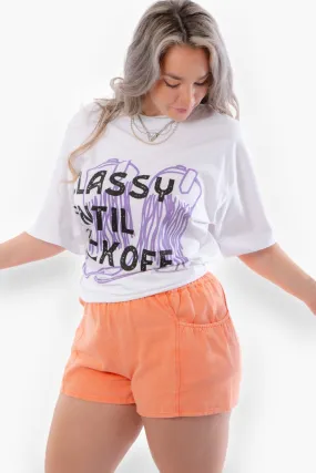 Washed Tangerine Elastic Waist Flounce Denim Shorts