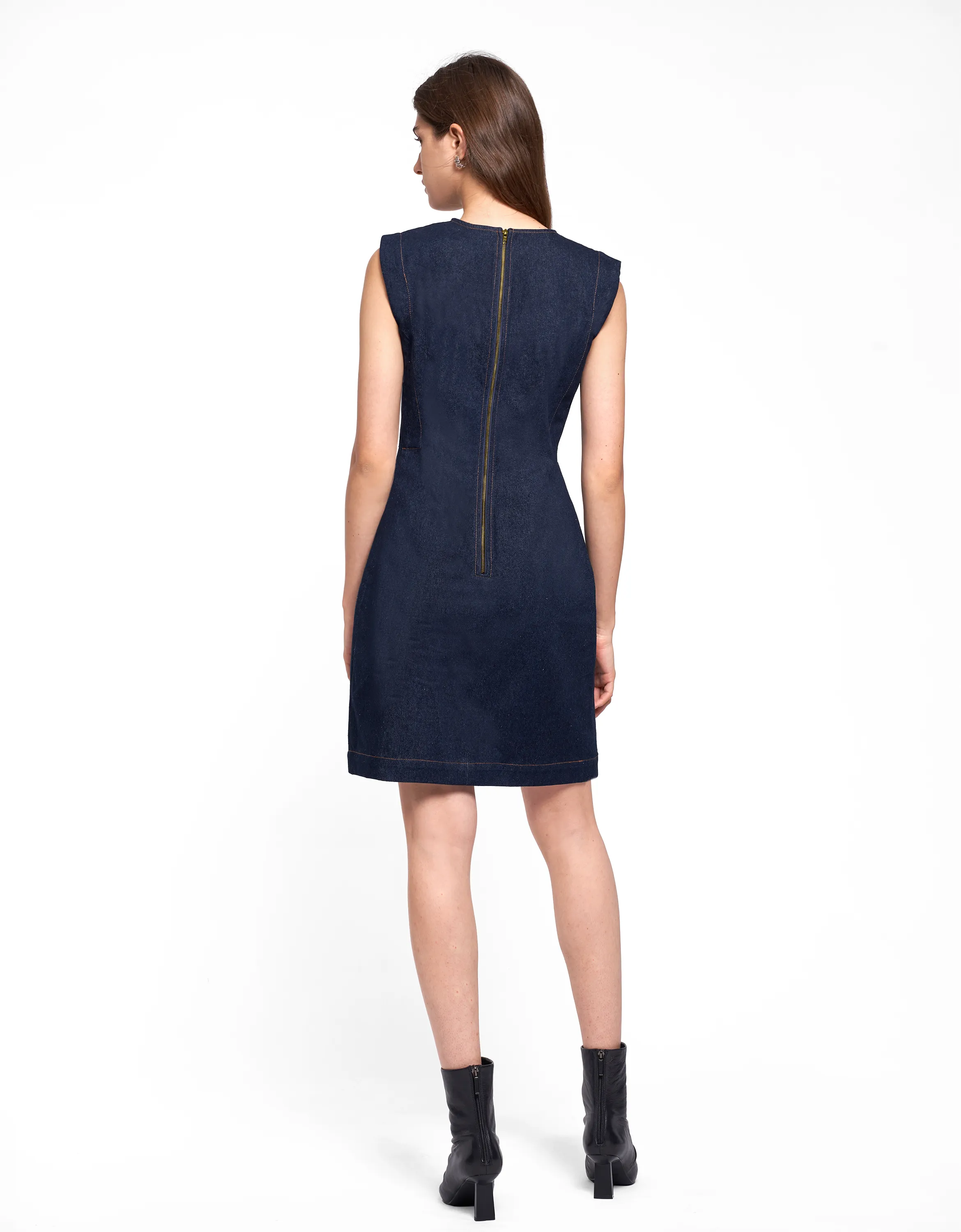 Wide Shoulder Hem Slit Denim Dress