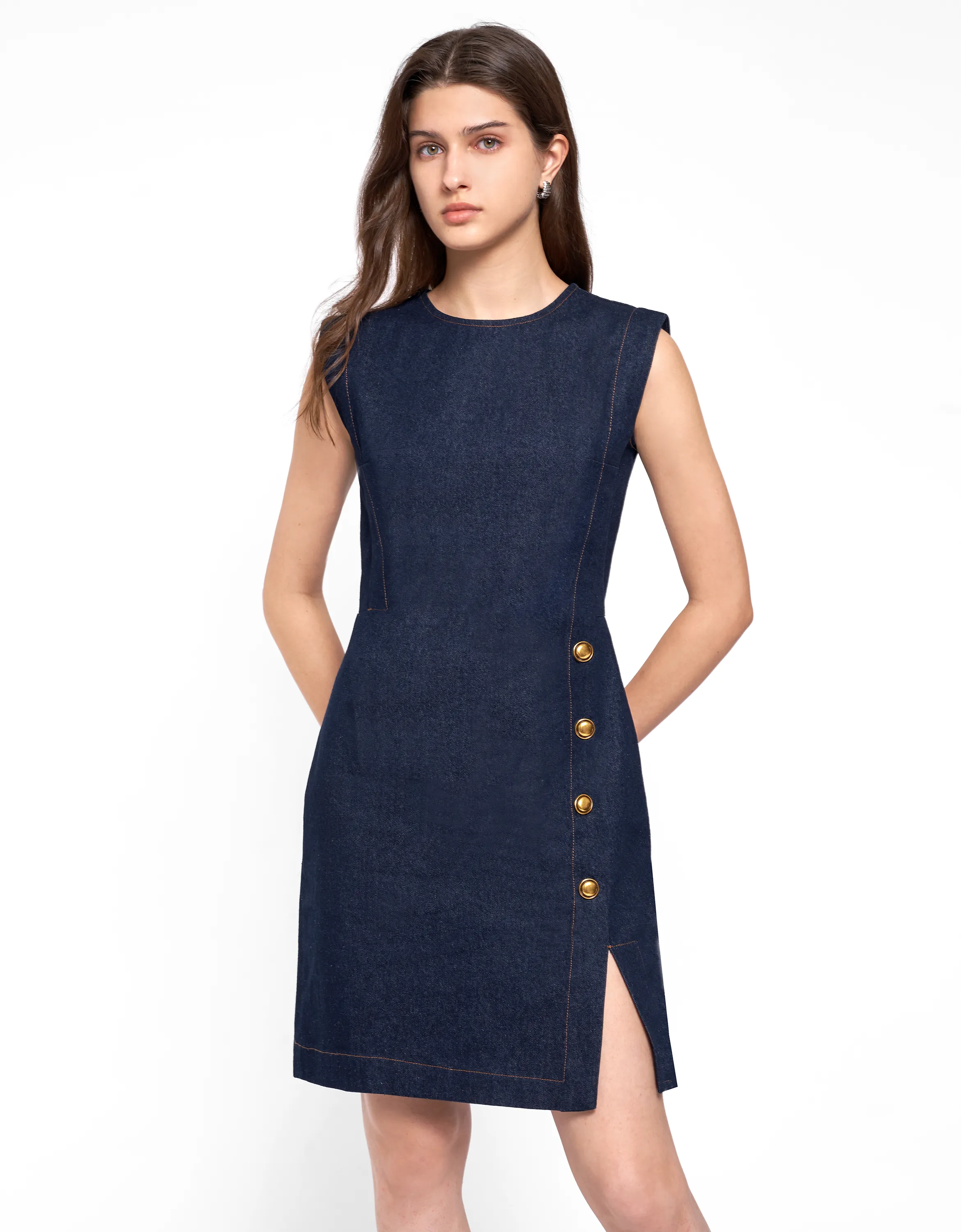 Wide Shoulder Hem Slit Denim Dress