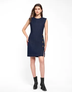 Wide Shoulder Hem Slit Denim Dress