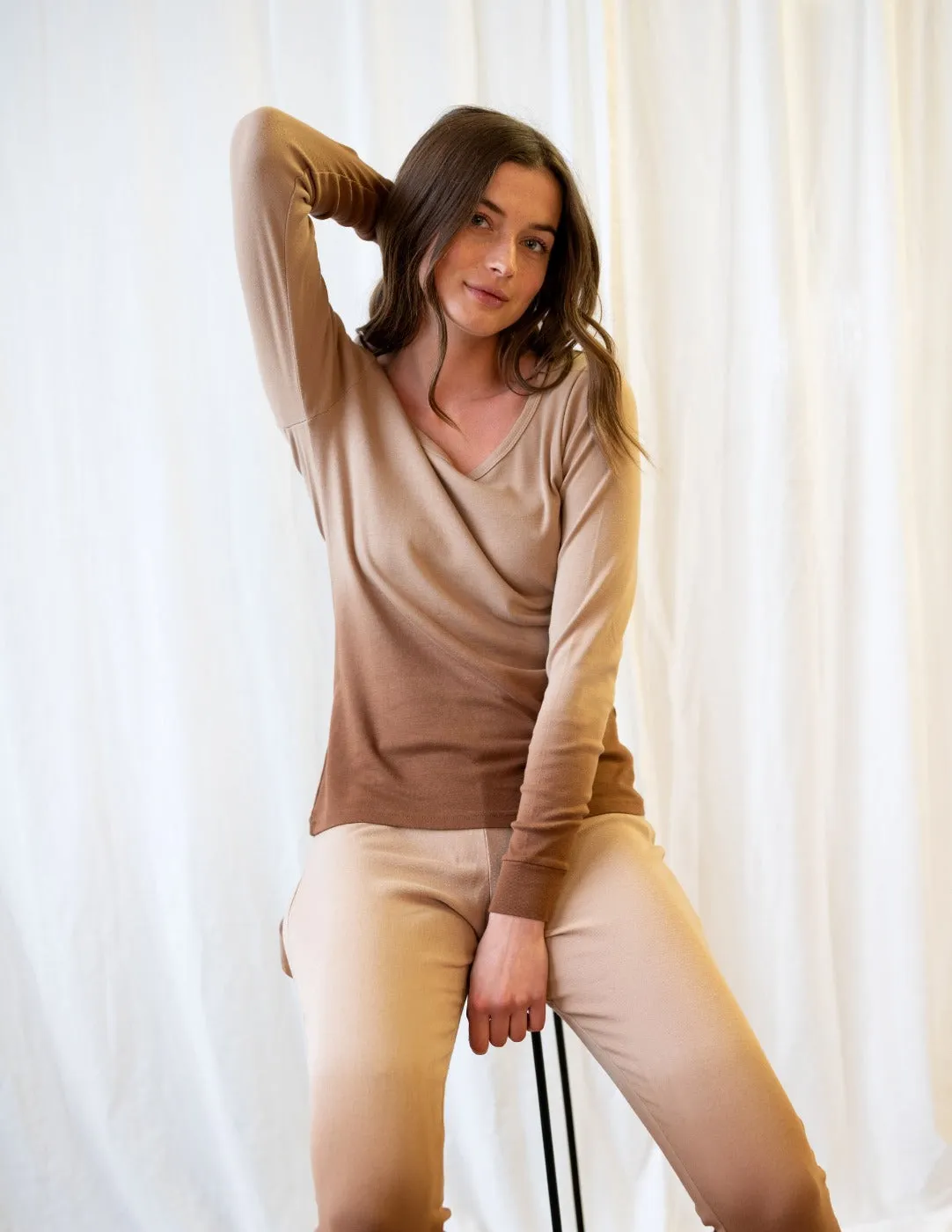Women's Beige Ombré Tie Dye Cotton Pajamas