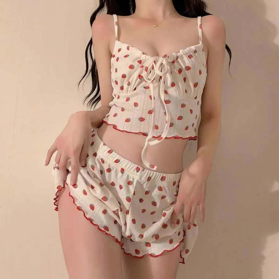 Women's Fashion Simple Strawberry Print Halter Pajamas Loungewear Shorts Set