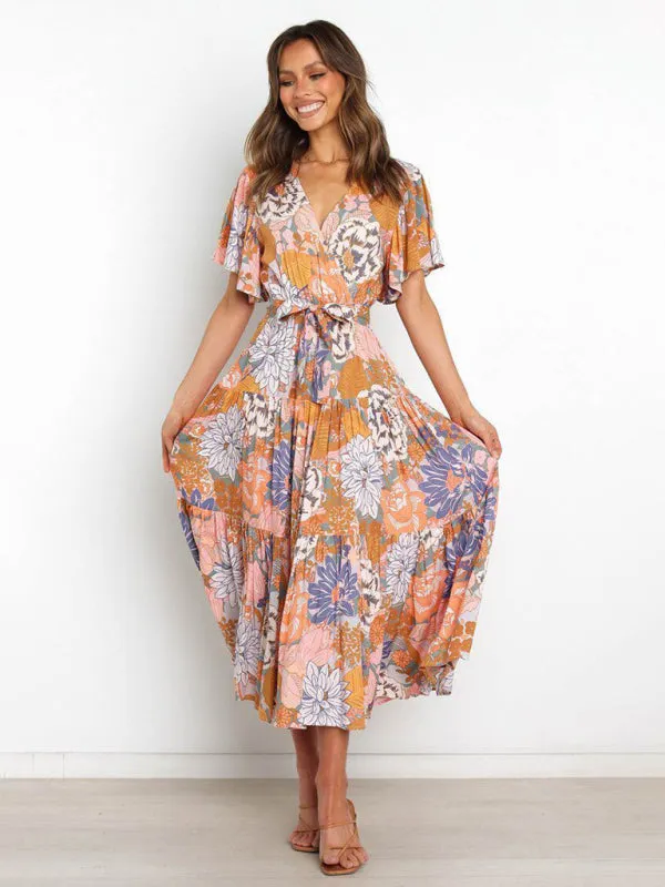Women's Floral Print Flutter Sleeve Faux Wrap Midi Dress