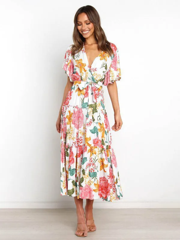 Women's Floral Print Flutter Sleeve Faux Wrap Midi Dress