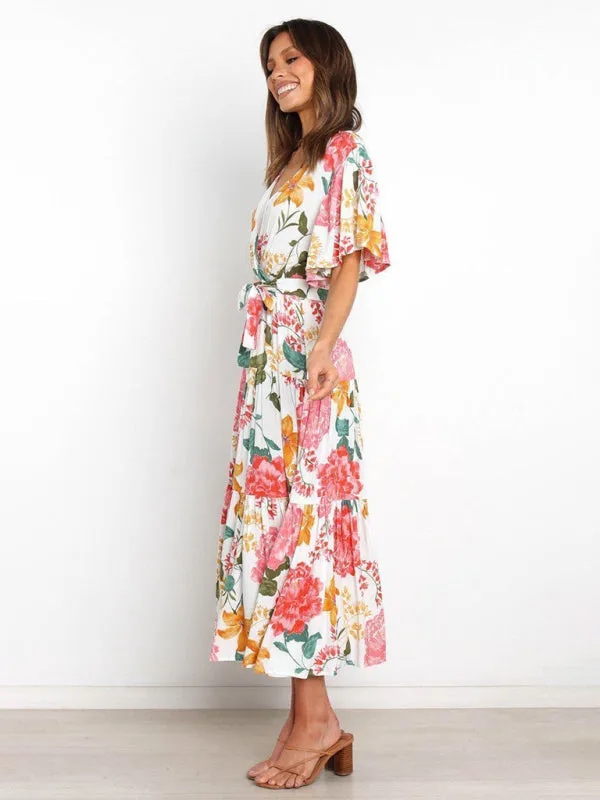 Women's Floral Print Flutter Sleeve Faux Wrap Midi Dress