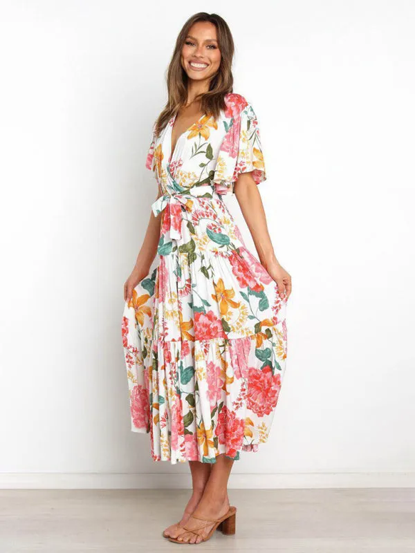 Women's Floral Print Flutter Sleeve Faux Wrap Midi Dress