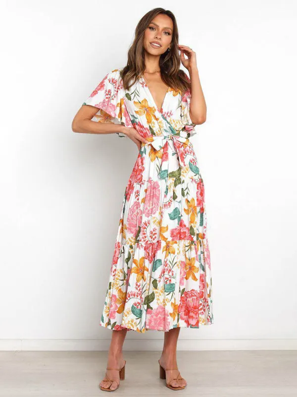 Women's Floral Print Flutter Sleeve Faux Wrap Midi Dress