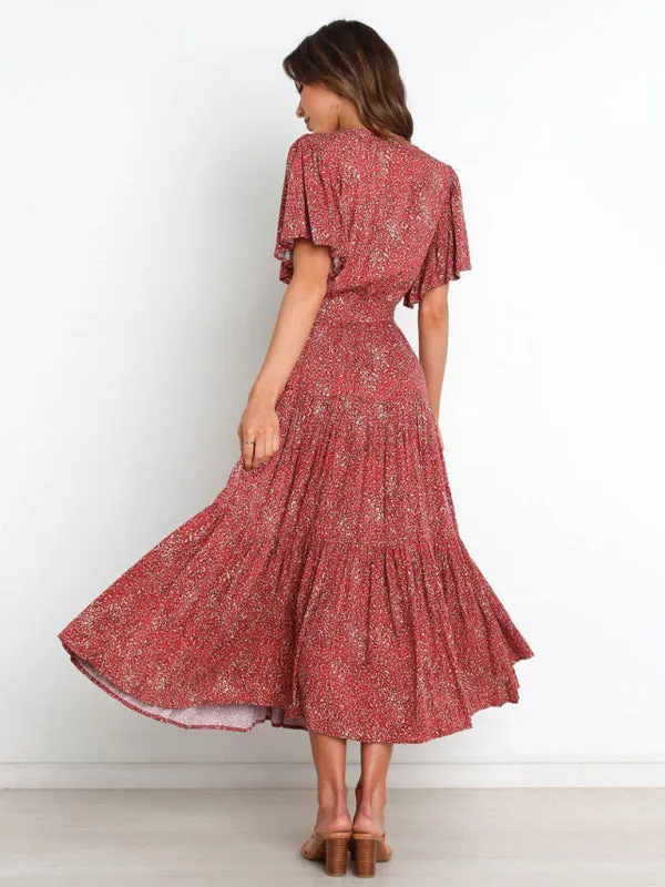 Women's Floral Print Flutter Sleeve Faux Wrap Midi Dress