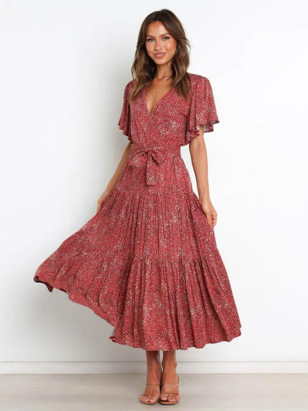 Women's Floral Print Flutter Sleeve Faux Wrap Midi Dress