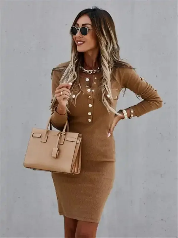 Women’s Solid Color Long Sleeve Round Neck Button Dress