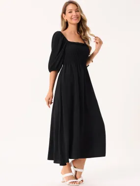 Women's Summer Dresses Casual Puff Half Sleeve Square Neck Smocked Flowy Midi Dress with Pockets