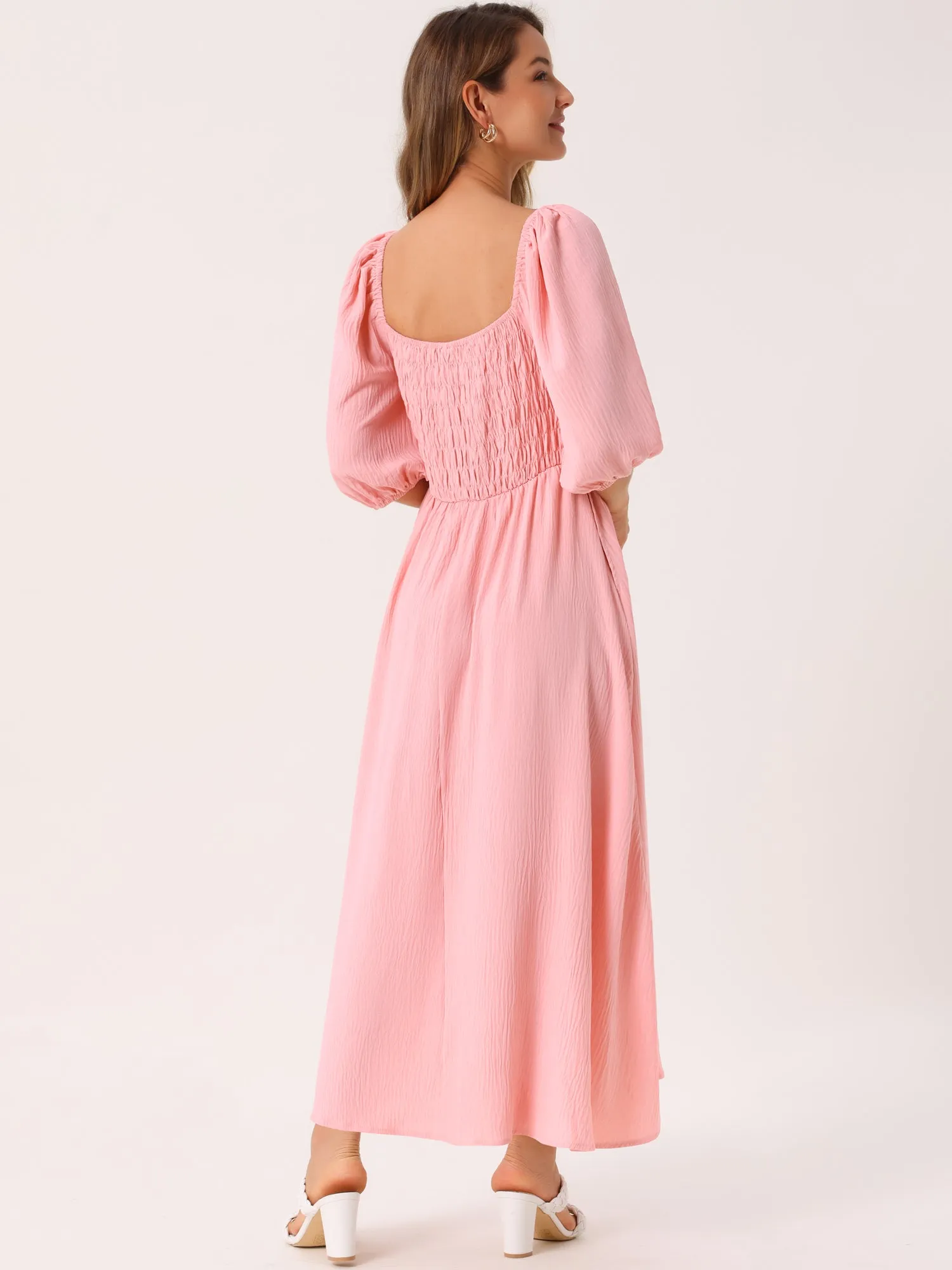 Women's Summer Dresses Casual Puff Half Sleeve Square Neck Smocked Flowy Midi Dress with Pockets