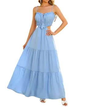 XinFSh Women's Summer Spaghetti Maxi Dress Boho Backless Milkmaid Cutout Dresses Casual Flowy Long Beach Vacation Sundress Blue